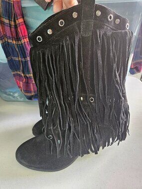 Black long fringe suede boots with heel, Naughty Monkey brand, size 9 1/2